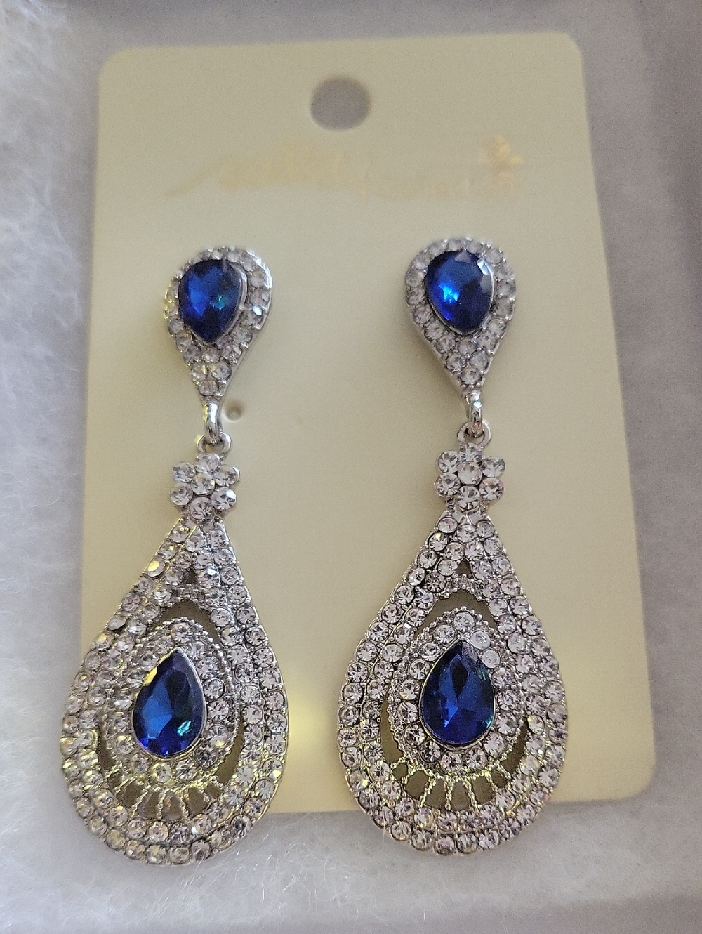 Blue Teardrop Crystal Dangle Earrings - Unknown Brand